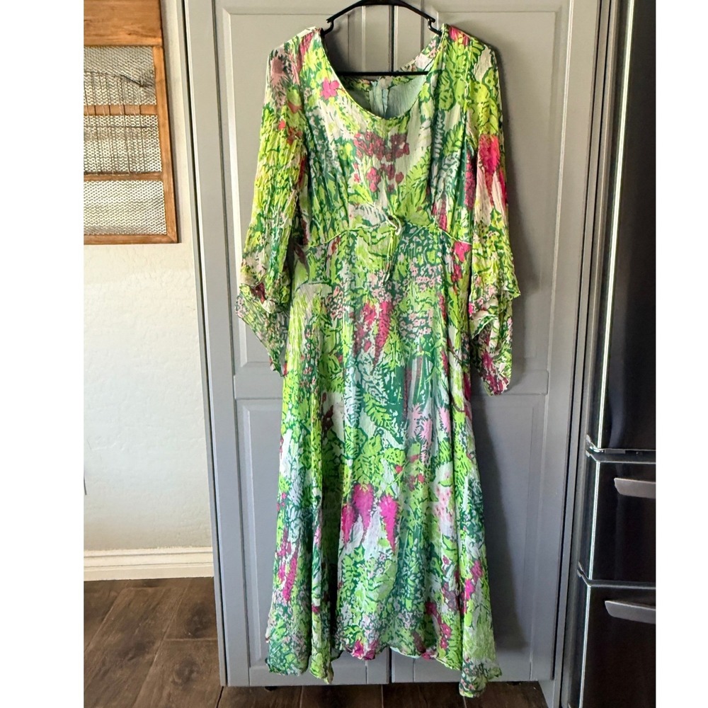 Vintage Women's Floral Bell Sleeve Empire Waist Maxi Dress, Green Pink, S